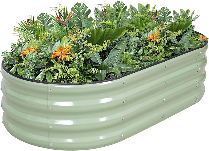 G GOOD GAIN Raised Garden Beds - 4x2x1ft Galvanized Planter Boxes Kit with Protective Tape & Gloves & Tools | Oval Metal Outdoor Raised Bed for Gardening Vegetables, Fruits, Flowers, Herbs, Green