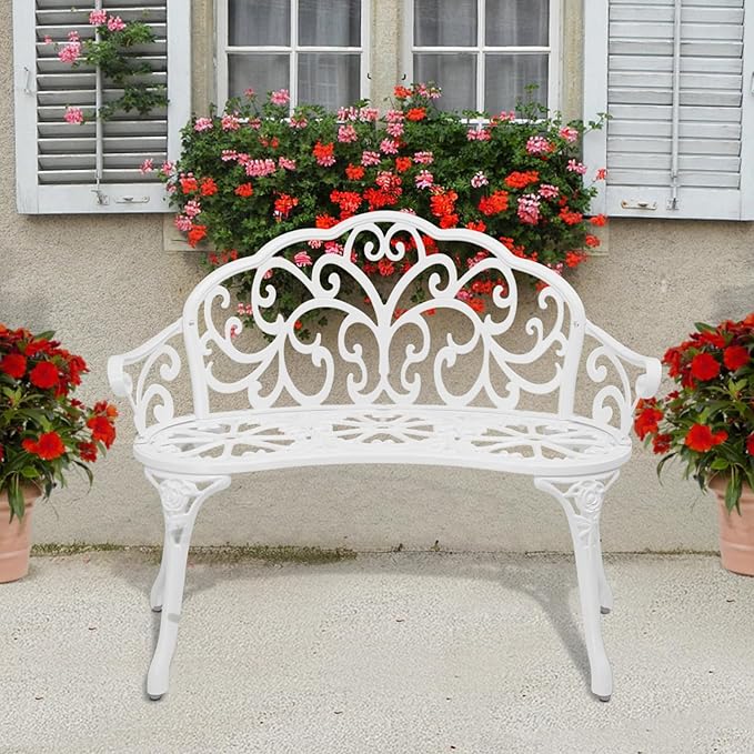 VINGLI 38.5" Patio Park Garden Outdoor Metal Rose Bench, 2-Person Cast Iron Cast Aluminium Frame Antique Finish Chair,Accented Lawn Front Porch Path Yard Decor Deck Furniture (White, Butterfly)