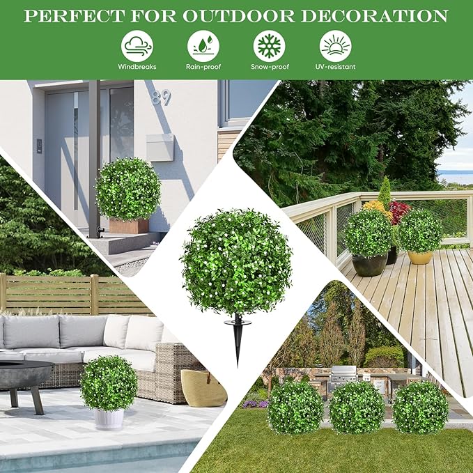 Artificial Topiary Bushes for Outdoors with Spike, Boxwood Ball Fake Shrubs UV Resistant Faux Plants for Indoor Outdoor Fall Thanksgiving Halloween Decor (Gypsophila Boxwood White-2 Packs)