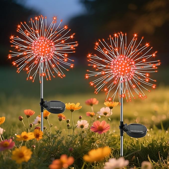 Garden Outdoor Lights, 2 Pack 120 LED Solar Garden Lights Fairy Lights Outdoor Waterproof Decorative Solar Firework Lights for Yard, Patio, Pathway, Flowerbed Party Wedding Decor, Orange