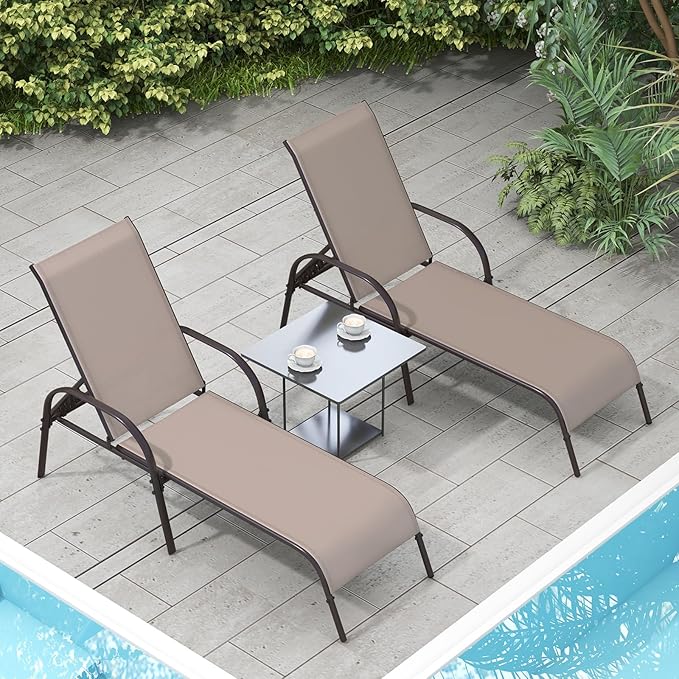 Giantex 2 Pack Patio Lounge Chair, Outdoor Chaise Lounge with 5 Adjustable Backrest, Sturdy Steel Frame, Sunbathing Recliner, Beach Chair, Tanning Chair for Outside, Yard, Balcony, Pool Chairs, Brown