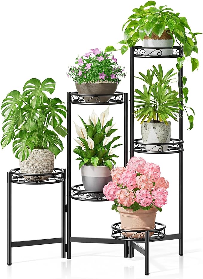 Plant Stand Indoor Outdoor, 6 Tier Metal Flower Shelf for Multiple Plants Corner Tall Floding Flower Holders for Patio Garden Living Room Balcony Bedroom - BlackCircle