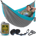 Durable Hammock 400 lb Capacity, Nylon Camping Hammock Chair - Double or Single Sizes w/Tree Straps and Attached Carry Bag - for Travel/Backpacking/Beach/Backyard (Medium, Light Grey & Sky Blue)