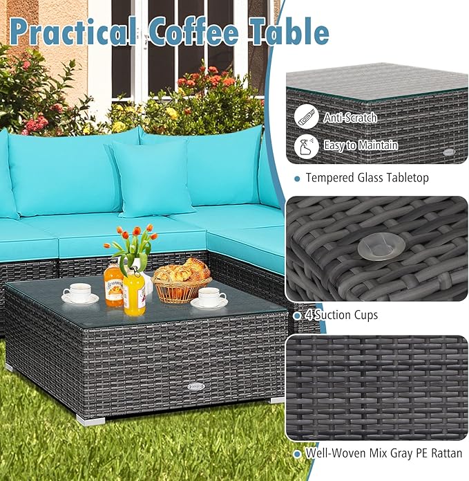 Tangkula 7 Pieces Wicker Patio Furniture Set, All-Weather Outdoor Rattan Sectional Sofa Set with Cushions & Tempered Glass Coffee Table, Outside Sofa Set for Garden, Lawn, Deck, Backyard (Turquoise)
