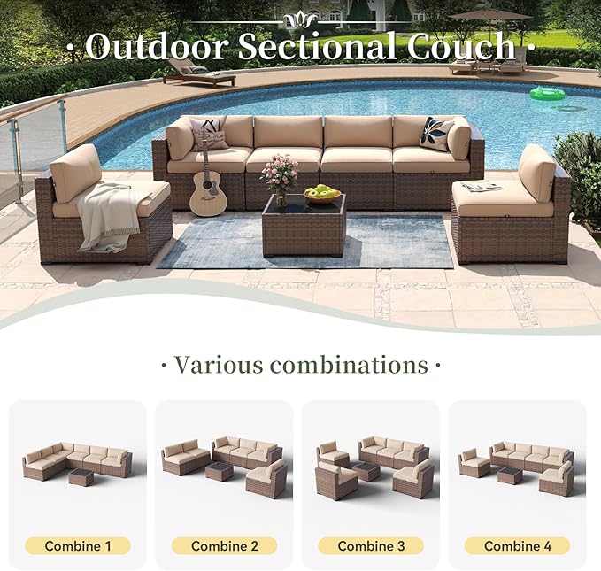 Aoxun 7 Piece Patio Furniture Set Wicker Rattan Patio Conversation Set Outdoor Sectional Sofa Set with Coffee Table and Thickened Cushions, Beige (Waterproof Cover Included)