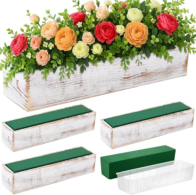 Dandat 4 Set Wood Boxes for Centerpieces 16x4 Inch Rectangle Wooden Planter Box Rustic Wooden Planters with Removable Plastic Liner Floral Foam Blocks for Christmas Wedding Home Garden Decor(White)