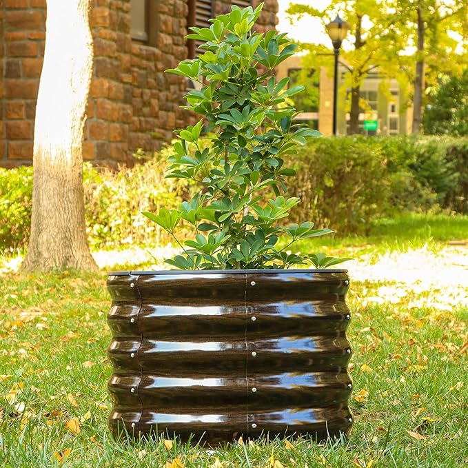 SnugNiture Raised Garden Bed, 4 PCS 2×2×1.5ft Round Galvanized Outdoor Planter Box, 17" Tall Deep Metal Garden Bed Kit for Planting Vegetables, Fruits, Flowers, Brown