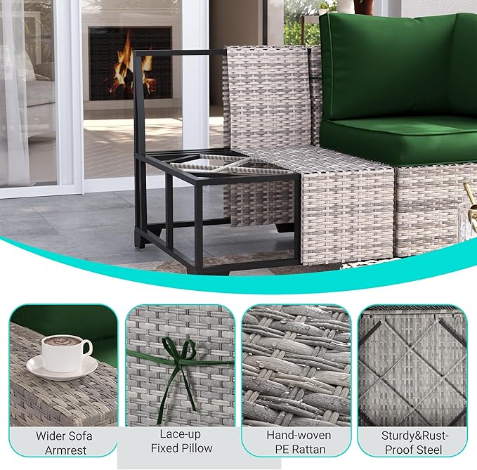 13-Piece Outdoor Patio Furniture Set with Rocking Swivel Chair, PE Wicker Rattan Sectional Sofa Patio Conversation Set with 55,000 BTU Fire Pit Table & Coffee Table, Green