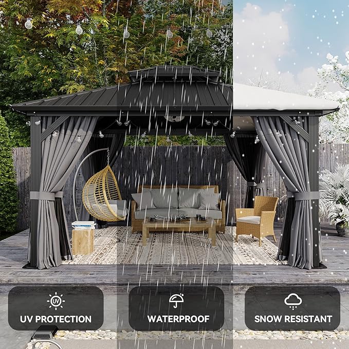 Aoxun 12'x14' Hardtop Gazebo, Aluminum Frame Canopy with Double Galvanized Steel Roof, Outdoor Metal Pavilion with Netting, Curtains for Backyard, Patio and Deck