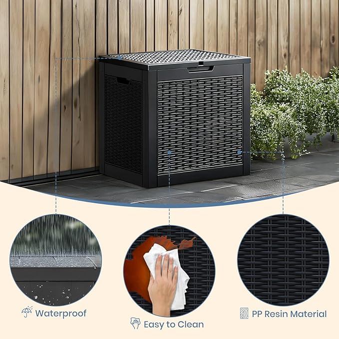 NEWBULIG 31 Gallon Outdoor Storage Box, Waterproof Deck Box with Lockable Lid, Patio Furniture Bench & Side Table, Easy Assembly, for Garden, Pool, Patio & Backyard Organization, Rattan Texture Black