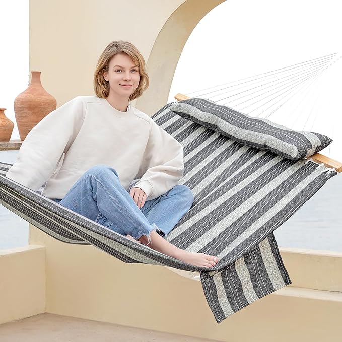 2 Person Hammocks for Outside, Double Quilted Fabric Outdoor Hammock with Spreader Bar, Large Removable Pillow, Storage Pockets, Carabiners, Max 475 lbs Capacity (Mountain Mist Gray)