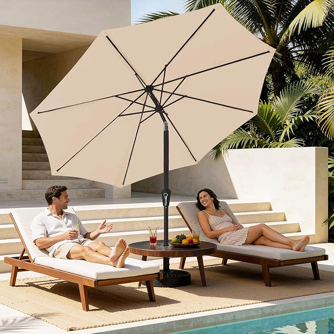 MEWAY 9ft Patio Umbrella Outdoor Table Umbrellas with Push Button Tilt and Crank, Market Umbrella 8 Sturdy Ribs for Deck, Garden, Pool and Backyard, Cream Beige