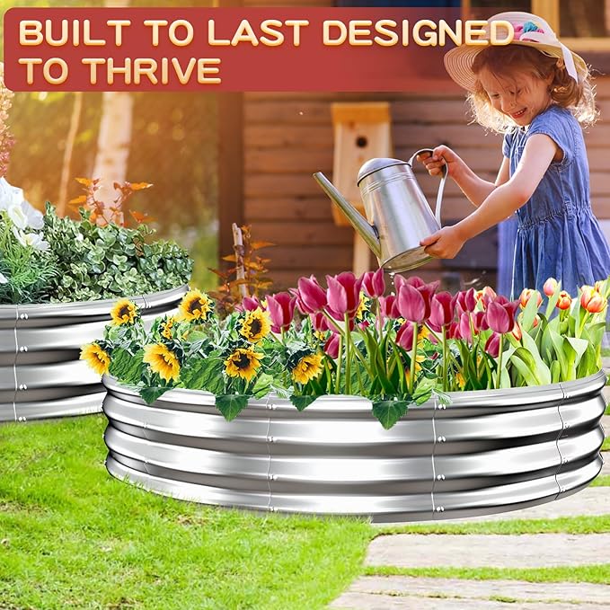 Durable Round Galvanized Steel Raised Garden Bed for Planting,Round Galvanized Steel Fire Ring/Fir Pit for Outdoor- 6×6×1FT,0.8MM Thick (Silver, 72 ins Diameter x 12 ins high)
