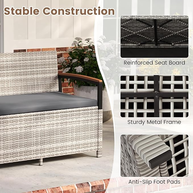 RELAX4LIFE Wicker Outdoor Storage Bench, Rattan Deck Box w/Protective Liner for Patio Furniture Pillows & Garden Tools, Porch Loveseat with Seat Cushion, Acacia Wood Armrests (Grey)