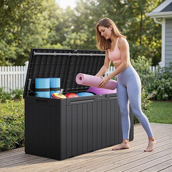 Greesum 110 Gallon Outdoor Storage Box with Lockable Lid, All-Weather Solution for Patio Furniture, Pool Supplies & Garden Tools, Waterproof, UV-Resistant Large Deck Box, Black