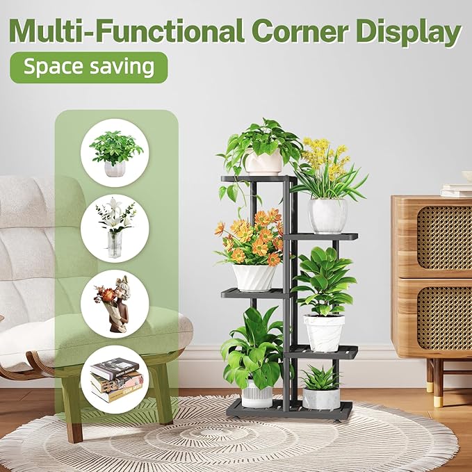 iDavosic.ly Plant Stand Indoor Outdoor, 4-Tier Tall Metal Flower Shelf for Heavy-Duty Large Planters, Corner Orchid Display Rack for Living Room Balcony Patio Porch, Space Saving, Modern Black