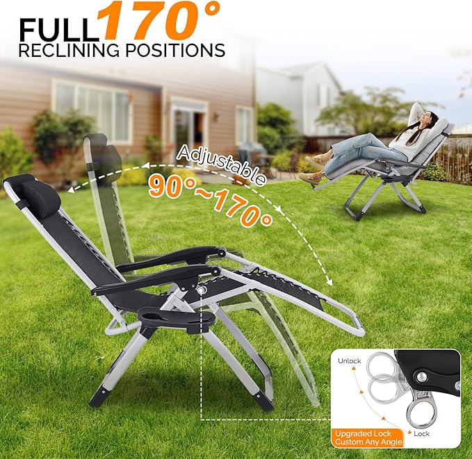 VINGLI Padded Zero Gravity Chair, Lounge Chair with Removable Cushion & Tray， Folding Reclining Patio Chairs， Recliner Chair for Lawn，Indoor and Outdoor