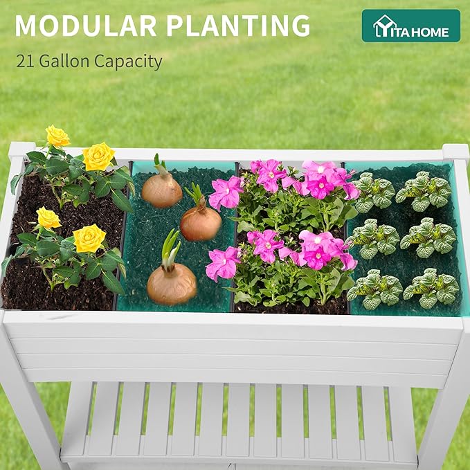 YITAHOME 43.3x17.7x34 in Elevated Garden Bed, Outdoor Plastic Planter Box with Wheels, Legs, Drain Plug, and Storage Shelf for Plants, Vegetables, Flowers, Herbs, Grayish-White