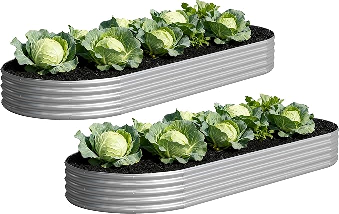 2PCS 12x4x1FT Galvanized Raised Garden Bed Kit,Vegetable Boxes-Oval Metal Flower Box,Large Planter Raised Beds Outdoor Garden for Planting,Fruit,Herb-Silver