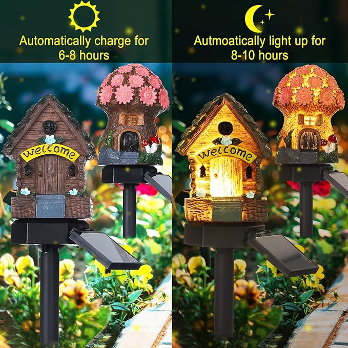 2 Pack Mushroom Fairy House Solar Light Spring Outdoor Garden Home Statue LED Light Fairy Lights for Outside Spring Garden Lawn Walkway Patio Yard Backyard Plant Decoration