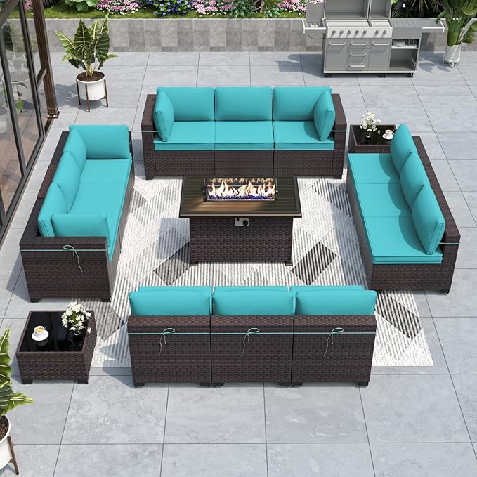 ALAULM Patio Furniture Set with Fire Pit Table 55000 BTU, Outdoor Sectional with Wide Seat and Thick Cushion, 15 Piece Wicker Rattan Conversation Set with Coffee Table for Garden, Deck, Turquoise