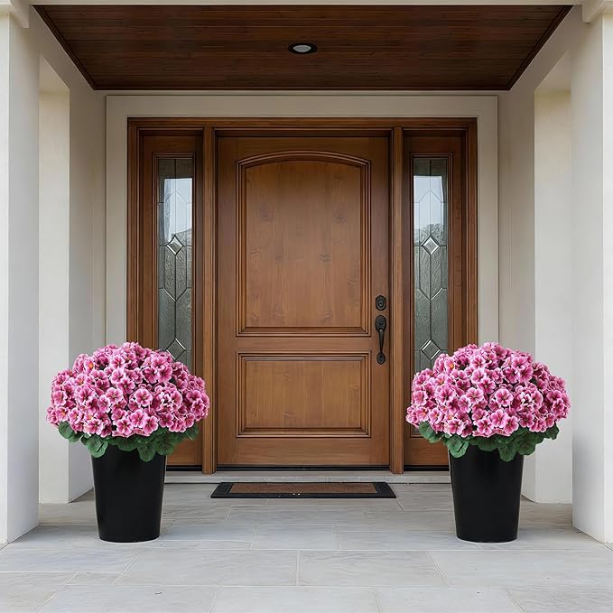 2 Pack Artificial Geranium Flowers Topitary Trees for Outdoors, UV Resistant Geraniums Potted Bushes Look Real Silk Faux Plants for Front Door Garden Porch Planter Farmhouse Home Decor (Pink)