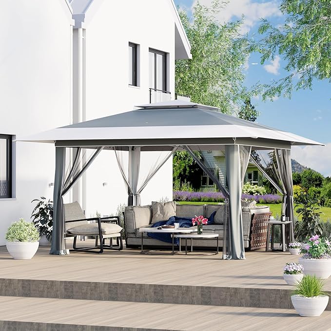 ECOTOUGE 13x13 FT Pop Up Canopy Tent with Mosquito Nettings, Patio Party Instant Shelte Gazebo w/Carrying Roller Bag Waterproof and UV Resistant for Outdoor Garden, Grill and Backyard, Grey-White