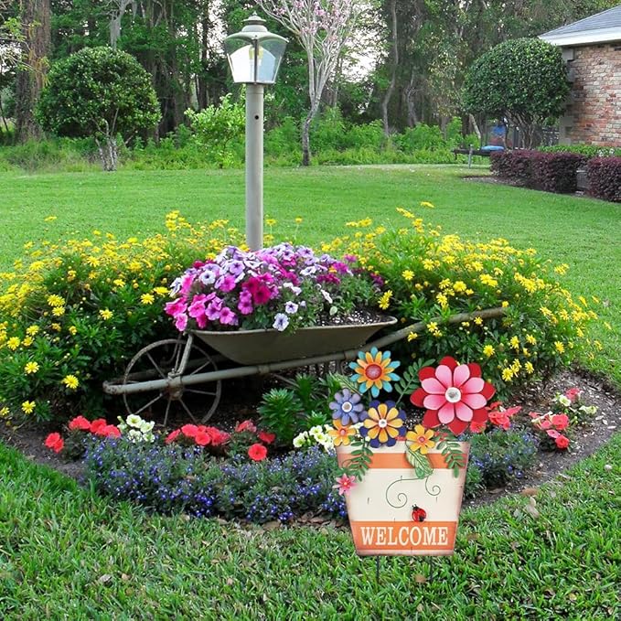 hogardeck Garden Decor for Outside, Metal Flower Pot Decorative Garden Stakes with Flowers for Spring Decor, Yard Art Welcome Sign for Outdoor Garden Lawn Backyard Porch Patio Decorations