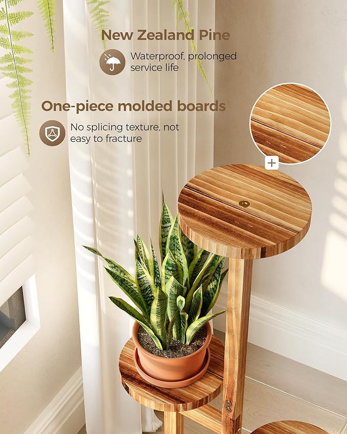 Bamworld 3 Tier Plant Stand Indoor, Corner Wood Plant Shelf for Multiple Plants, Small Tiered Round Flower Stand for Patio Garden Balcony Living Room Bedroom, Brown