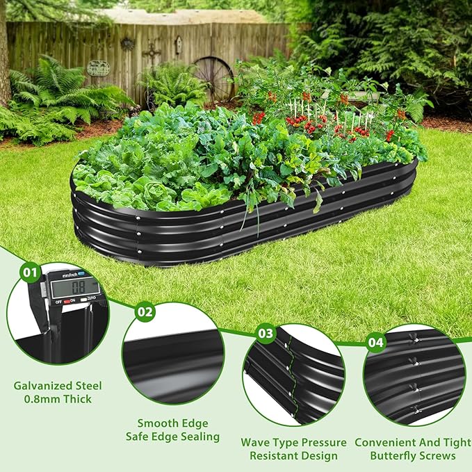 Oval Galvanized Planter Box, Metal Raised Garden Bed - 0.8MM Thick- Ideal for Outdoor Gardening and Planting of Vegetables Flowers Fruits Succulent Plants and Others (Black, 6X3X1 FT)