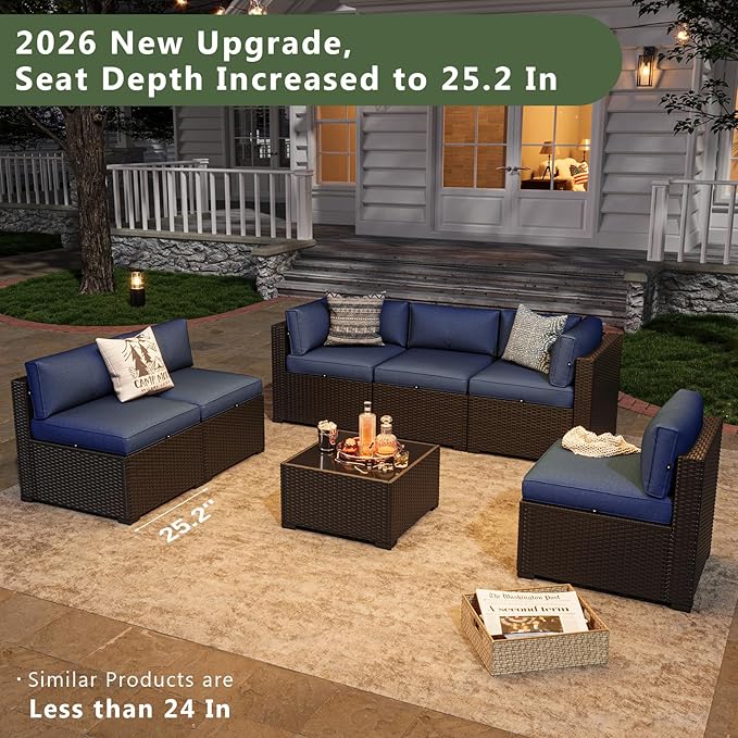 Aoxun 7 Piece Patio Furniture Set Wicker Rattan Patio Sectional Sofa Set Outdoor Seating Furniture with Thickened Cushion, Navy Blue