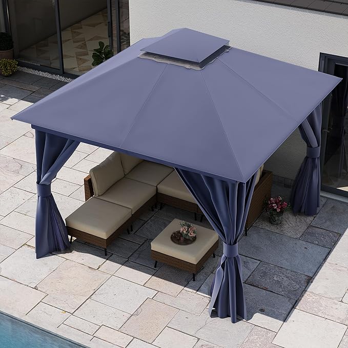 LAUSAINT HOME Semi-Permanent Outdoor Patio Gazebo 10'x10', Heavy Duty Party Tent Shelter with Double Roofs, Mosquito Nettings and Privacy Screens for Backyard, Garden, Lawn, Navy Blue