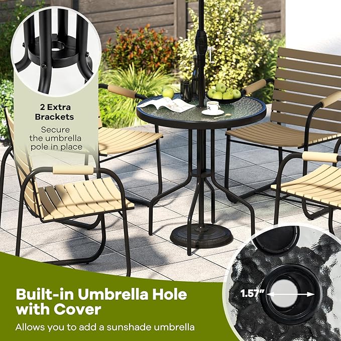 Tangkula 27.5 Inch Round Outdoor Dining Table with Tempered Glass Top, Outside Bistro Table with Umbrella Hole & Metal Frame, Patio Dining Table for Backyard, Lawn, Deck & Poolside