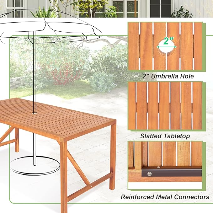 Tangkula 55" Acacia Wood Outdoor Dining Table for 4-6 Person, Rectangular Patio Dining Table with 2" Umbrella Hole and Support Bars, Indoor Outdoor Dining Furniture for Deck, Garden, Poolside & Yard