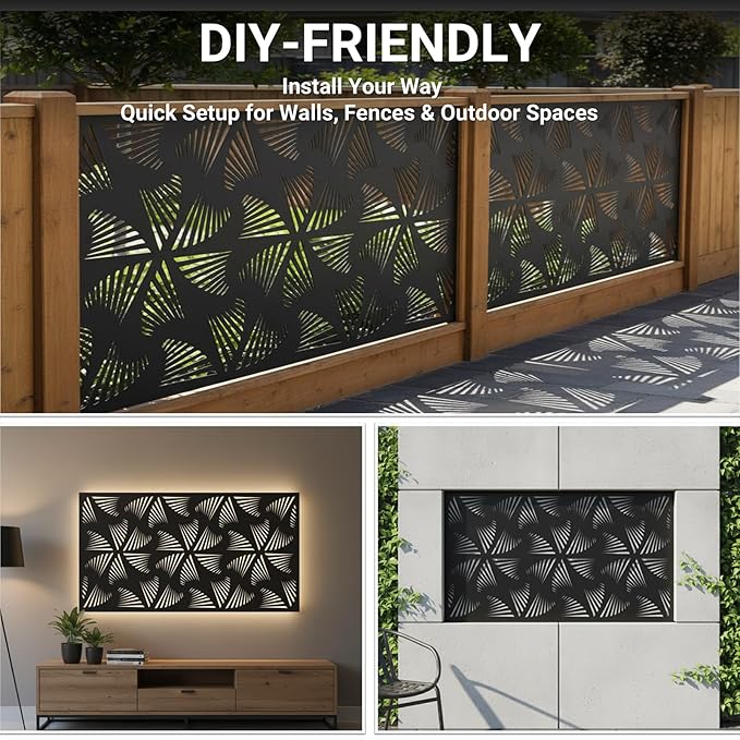 72in Metal Privacy Screen Outdoor Decorative Panel – Freestanding Rustproof Steel Patio Divider for Garden, Backyard, or Balcony, Modern Laser Cut Design for Stylish Privacy & Outdoor Decor