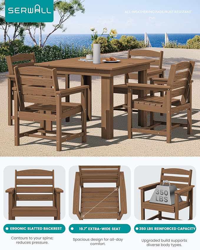 SERWALL Outdoor Dining Set for 4, HDPE Square Table and Chairs Set All Weather Patio Dining Set with 4 Classic Dining Chairs, 5-Piece Patio Dining Furniture for Deck, Brown