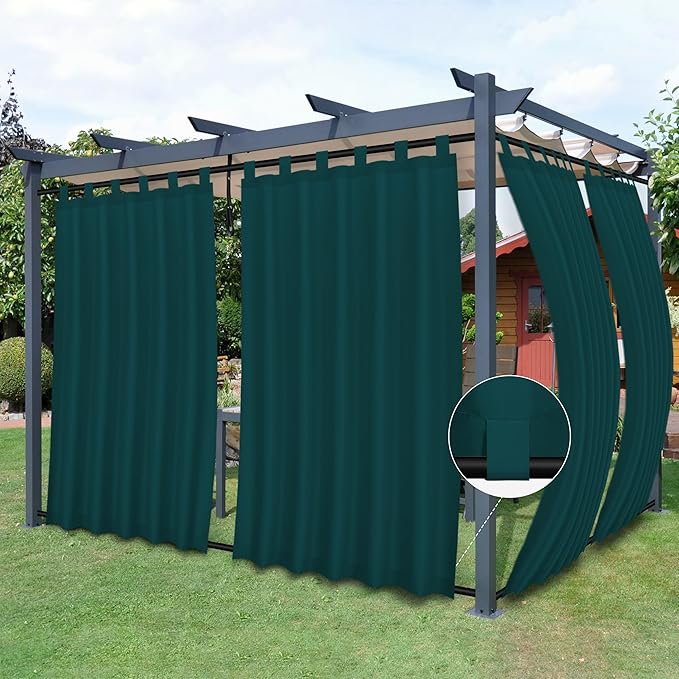Easy-Going Outdoor Patio Curtains Detachable Tab Top Windproof Weatherproof Curtain for Cabana, Porch, Pergola and Gazebo, Tab Bottom Drape, 2 Panels, 54W x 96L inch, Teal