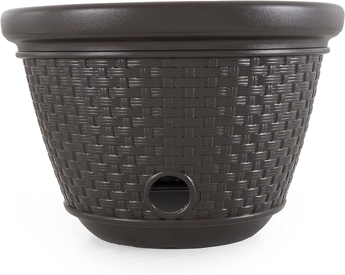 Suncast 4 Pack Wicker Hose Pot, Decorative Resin Garden Hose Storage, 100ft 5/8in Standard Vinyl Hose Capacity with 4 Drain Holes, 18in x 12in, Java