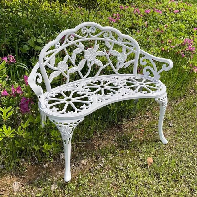 Mandolin Outdoor Benc Park Garden Chair,All Chair Anti Rust Cast Aluminum Patio Yard Bench,Carved Rose Loveseat Bench for Backyard .Porch.Balcony.Lawn (White)