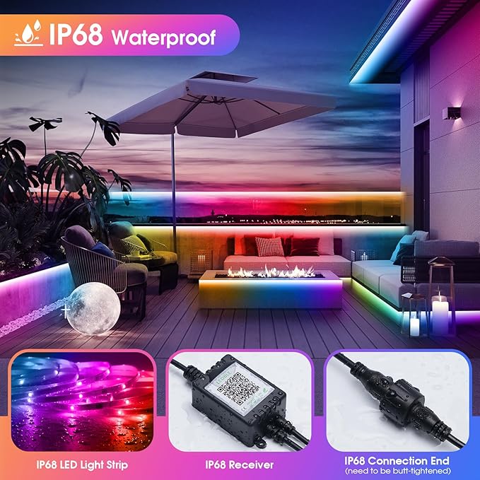 150Ft Outdoor LED Strip Lights, IP68 Waterproof Color Changing RGB LED Light Strips with IR Remote and APP, 24V Music Sync Led Rope Lights,Flexible Outdoor DIY Tape Lights for Balcony Deck Garden Pool