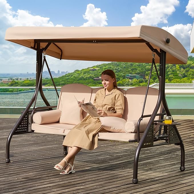 3 in 1 Outdoor Porch Swing with Adjustable Canopy, 3 Seat Outdoor Swing for Adults, Patio Swing Chair with Thickened Cushions,Pillows & Cup Holders for Backyard, Porch, Garden (Khaki)