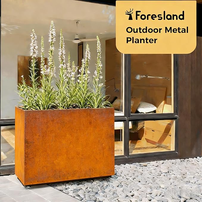 Tall & Long Corten Steel Style Planter with Middle Shelf, 36W x 11D x 30H Large Rectangular Outdoor Planter Box, Paint-free Metal Garden Planter for Patio, Yard, Balcony | Easy 5-Min Assembly, Rust