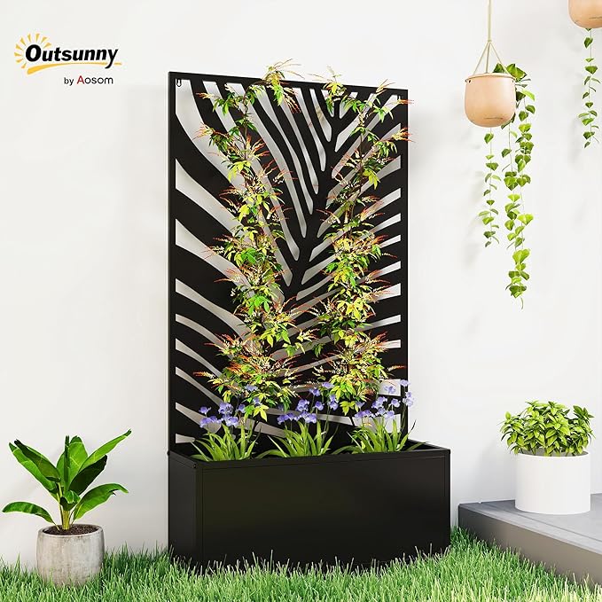Outsunny Metal Raised Garden Bed with Trellis for Climbing Plants, Freestanding or Wall Mounted Flower Bed with Privacy Panel, Large Leaf Cut-Out Outdoor Planter Box for Garden, Patio, Balcony