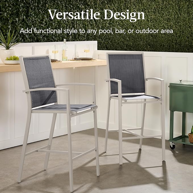 Best Choice Products Outdoor Bar Stools Set of 2, Bar Height, Patio Furniture, All Weather Mesh Design w/Armrest - Taupe/Charcoal
