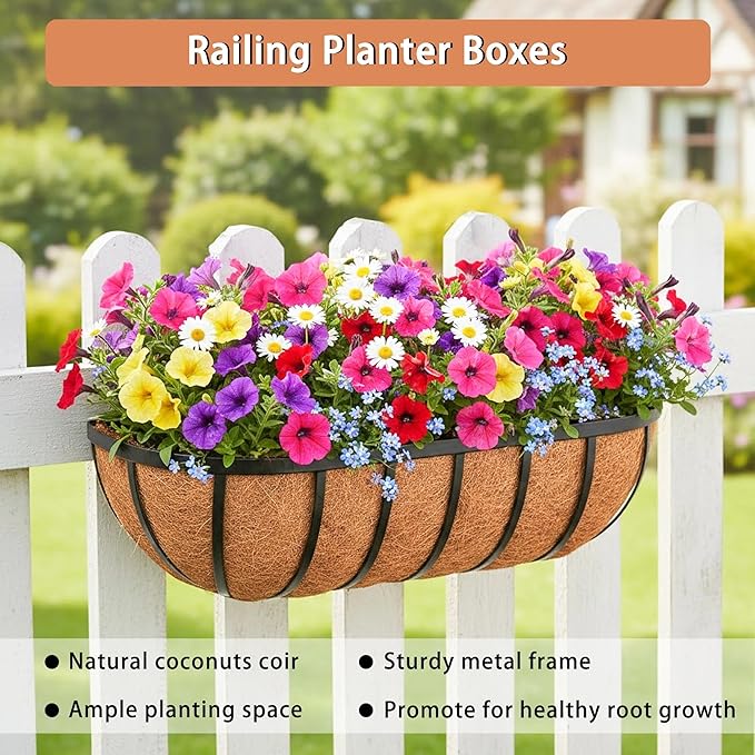 16'' Window Box Railing Planter with Coco Liner,2 Pack Horse Trough Planters Black Metal Hanging Flower Planters Basket for Porch Fence Patio Indoor Outdoor Lawn