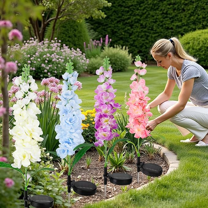 4 Pack Color Changing Solar Lights Outdoor Waterproof, Solar Delphinium Flower Stake Lights Auto ON/Off Solar Garden Lights for Spring Lawn Pathway Landscape Birthday Gifts for Mom Women Grandma