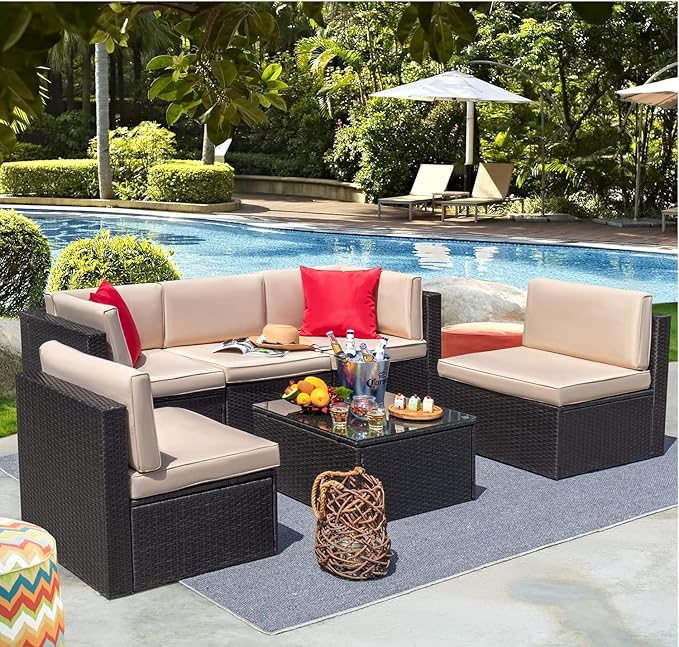 Devoko Patio Furniture Sets 6 Pieces Outdoor Sectional Rattan Sofa Manual Weaving Wicker Patio Conversation Set with Glass Table and Cushion (Beige)