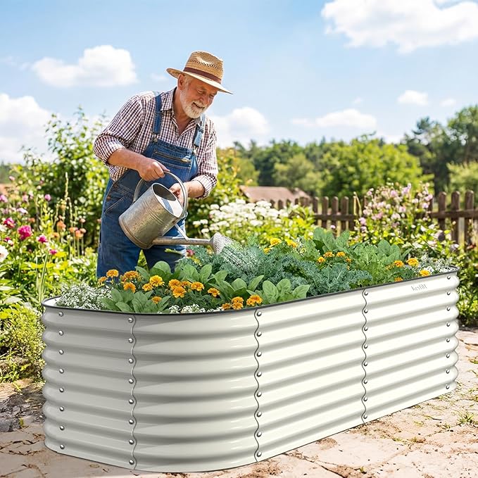 Kesfitt Raised Garden Bed Outdoor, Galvanized Steel Metal Raised Bed Planter for Vegetables, 24-Inch Deep Open Bottom Backyard Garden Bed 6x3x2 ft, Pearl White