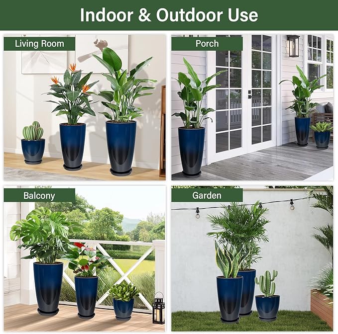 24/21/12 Inch Large Plastic Planter, Lightweight Ceramic-Look Tall Planters with Drain Hole & Saucers, Tall Plastic Planters for Porch, Garden, Patio, Balcony(Dark Blue)