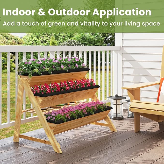 HAPPYGRILL 3-Tier Wooden Raised Garden Bed, Elevated Planter Box Kit with Legs & Liners for Flower Herb Vegetable, Indoor Outdoor Vertical Raised Bed for Gardening Patio Balcony Greenhouse